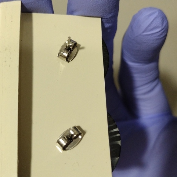 Women's Ceramic Black Circle Stud Earrings with Silver Color Stripes 1-inch - Picture 4 of 4